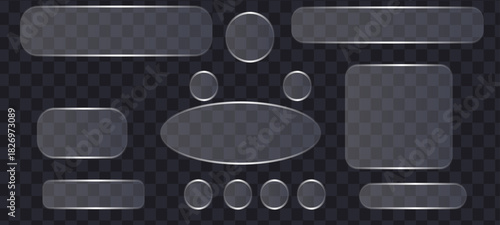 Liquid glass smartphone interface isolated. White ui light frame square and circle banner with shine stroke. Control center widget for smartphone and web app, vector metal button on a black background