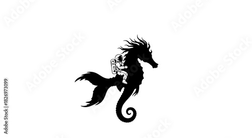Abstract illustration featuring an astronaut riding a majestic seahorse silhouette art