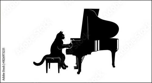 Silhouette of a cat playing the piano, creative musician artwork black and white design
