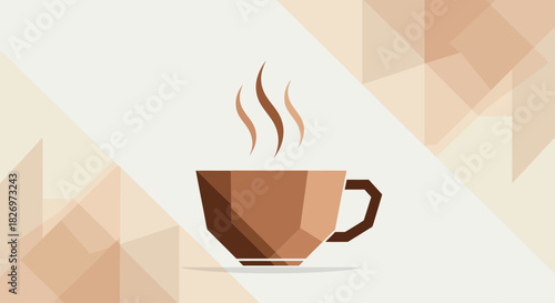 Minimalist geometric coffee cup illustration against a soft beige backdrop creates a cozy and