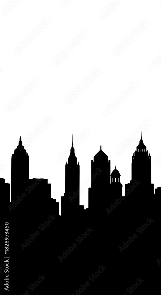 Obraz premium Minimalist city skyline silhouette with stark contrast against white backdrop elegance