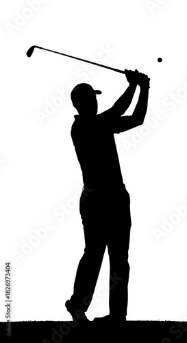 Silhouette of a golfer hitting a ball with a golf club against a white background