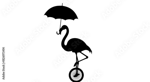 Elegant flamingo silhouette balancing on unicycle under umbrella artwork design
