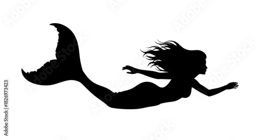Silhouette of a swimming mermaid with flowing hair and a large tail on white ground