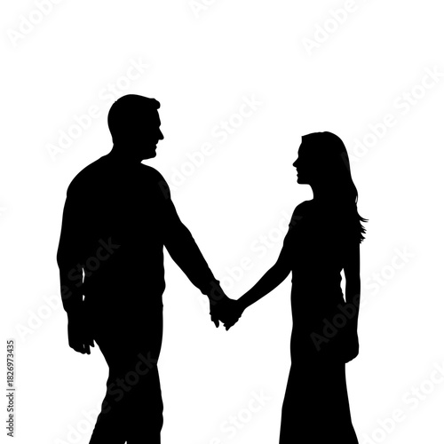 Romantic encounter: A silhouette of a couple holding hands in a minimalist black and white image