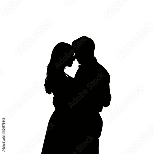 Romantic silhouette of a couple embracing in a loving and intimate moment against white