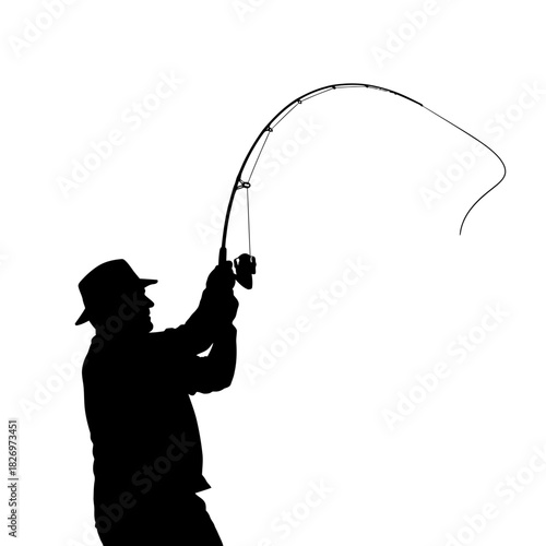 Silhouette of fisherman casting rod against a white background offering serene simplicity