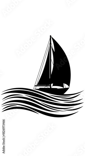 Simple sailing boat on the water illustration with waves, minimalistic design illustration