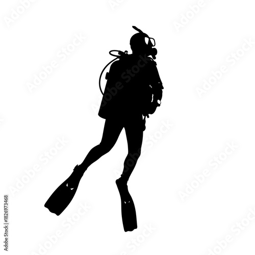 Silhouette of a scuba diver underwater, swimming with full gear and equipment