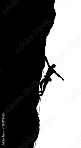 Silhouette of a climber scaling a steep rock face against a white background minimal