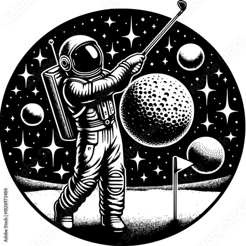 Celestial Swing: An astronaut defies gravity and takes a swing on the moon's surface, the stark contrast of the black and white adding a unique touch to the cosmic golfing experience.