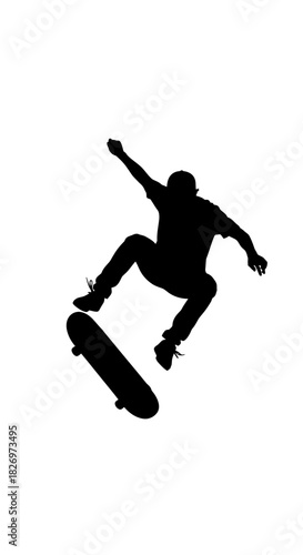Silhouette of a skateboarder performing a trick against a plain background showcasing athleticism