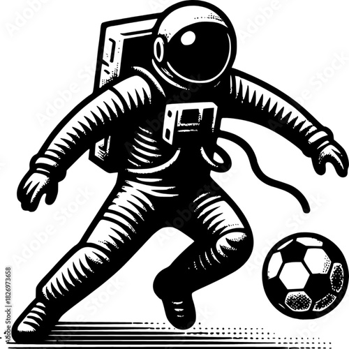 Astronaut Kicks Soccer Ball: An astronaut, embodying the spirit of sports and adventure, expertly kicks a soccer ball. This illustration showcases a fusion of athletic prowess and cosmic exploration.