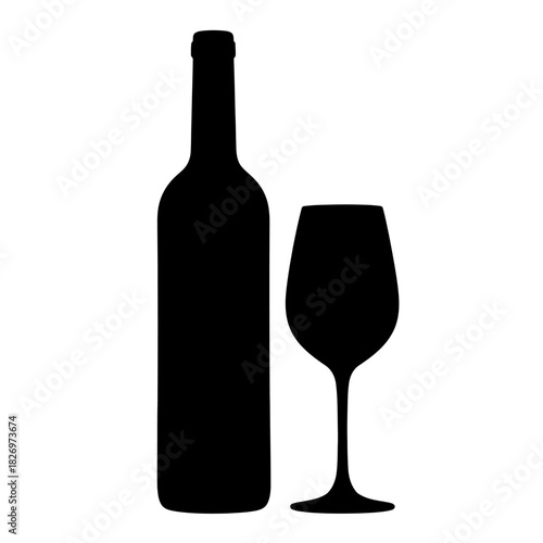 Elegant black silhouette of a wine bottle and glass against a white background for designs