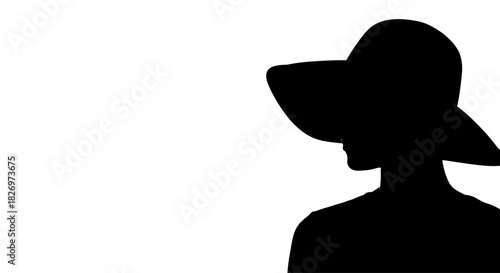 Elegant Silhouette of a Woman in a Wide-Brimmed Hat Against a White Background