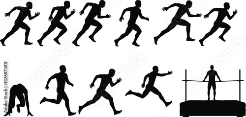 Silhouette, high jump, athlete sequence, sports training, track field, running motion, jumping technique, fitness illustration, competition concept, black white dynamic collection