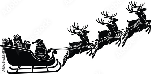 Silhouette, Santa Claus, Christmas sleigh, flying reindeer, holiday season, festive illustration, winter celebration, gift delivery, traditional artwork, black white vector collection