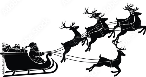 Silhouette, Santa Claus, Christmas sleigh, flying reindeer, holiday season, festive illustration, winter celebration, gift delivery, traditional scene, black white vector collection