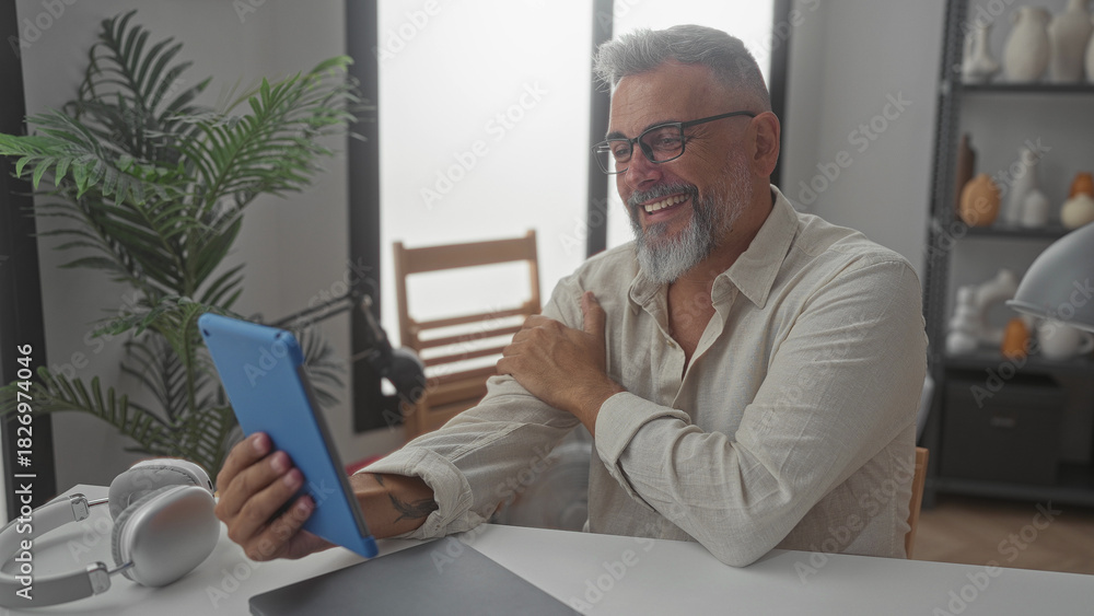 Fototapeta premium Man smiling and waving hand while holding blue tablet in a building home office with plant and headphones on desk; connection happiness.