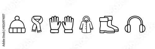 Collection of winter clothing and accessories icons including hat, scarf, gloves, coat, boots, and headphones for seasonal fashion and outdoor activity concepts.