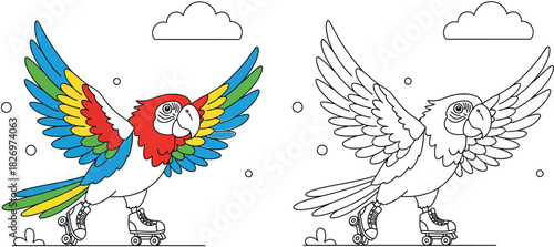 Funny cartoon parrot on roller skates. Vector illustration for coloring book. Cute macaw bird skating isolated on white background. Linear outline and colored version for kids.