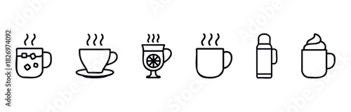 Collection of black line icons representing various hot and cold beverages and a thermos, perfect for menus or food service applications.