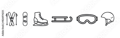 Collection of winter sports equipment icons including skis, snowboard, ice skates, sled, goggles, and helmet for recreational activities and active lifestyle concepts.