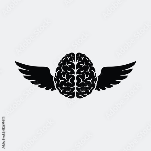 Silhouette flying brain with wings creative mind conceptual vector illustration