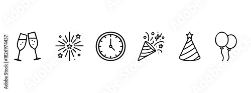 Collection of festive line art icons for New Years Eve celebrations including champagne glasses, fireworks, clock, party popper, party hat, and balloons for party planning and festive