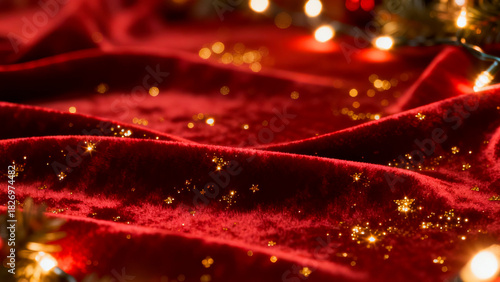Luxurious deep red velvet fabric draped with sparkling golden glitter and soft glowing christmas lights