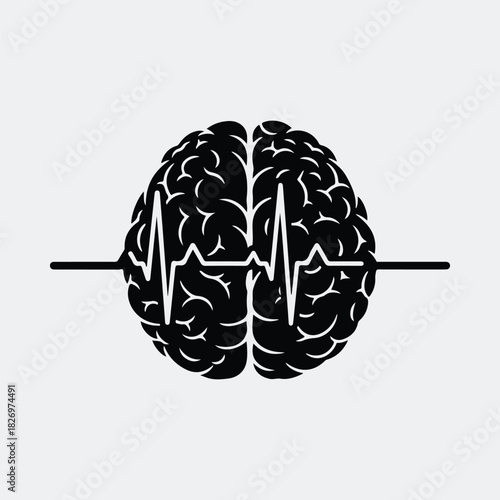 Silhouette human brain with heart beat line vector illustration