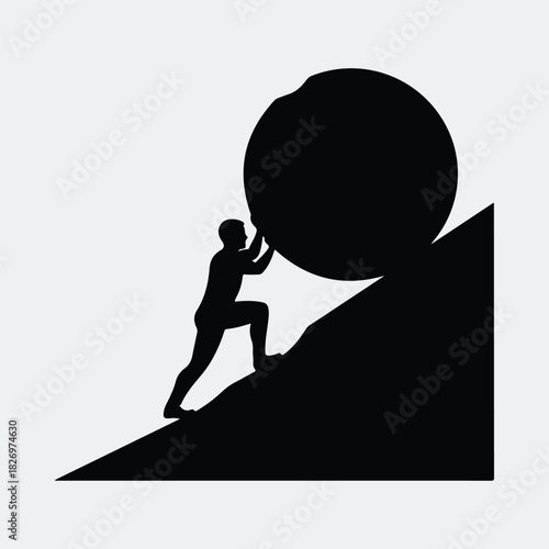 Silhouette man pushing a large rock up hill vector illustration