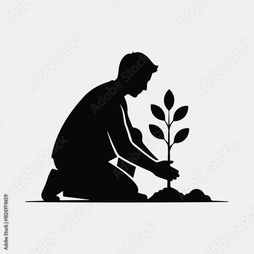 Silhouette man plants a tree environmental conservation vector illustration