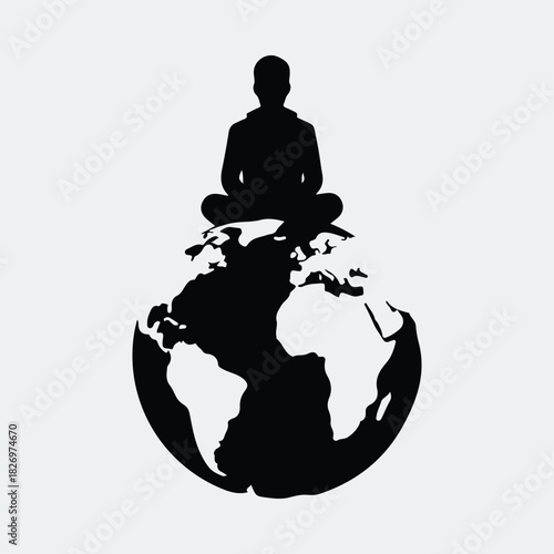 Silhouette meditating figure sitting atop world peace vector illustration