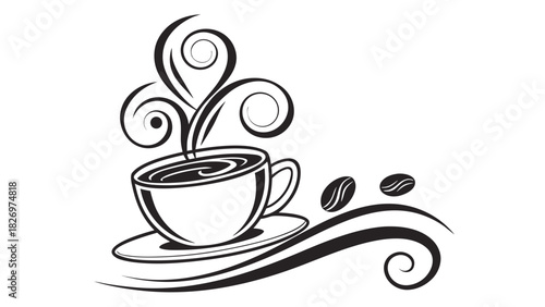“coffee cup line art logo, steam swirl, elegant stroke style, modern café branding, black line SVG, smooth curves”