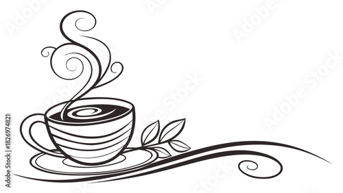 “coffee cup line art logo, steam swirl, elegant stroke style, modern café branding, black line SVG, smooth curves”
