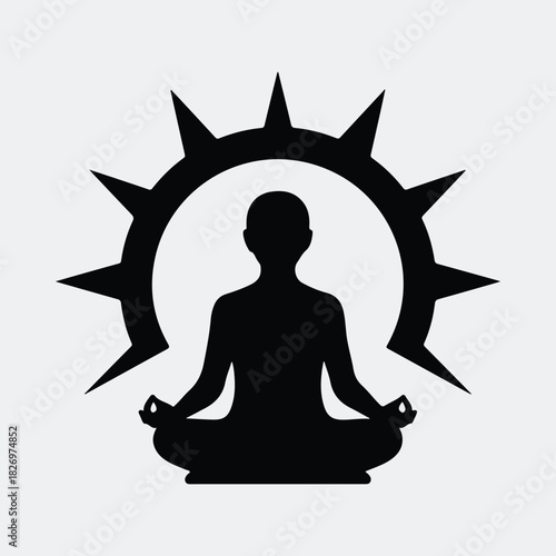 Silhouette of meditating person in lotus pose with spiked halo vector illustration