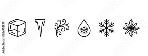 Collection of frosty symbols including ice cube, icicle, swirls, snowflake in water drop, and starburst for winter or cold theme representation in graphics and presentations.