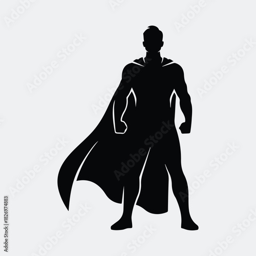 Silhouette of powerful superhero in cape standing heroically vector illustration