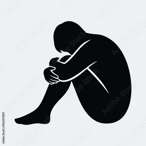 Silhouette of sad depressed woman hugging knees vector illustration