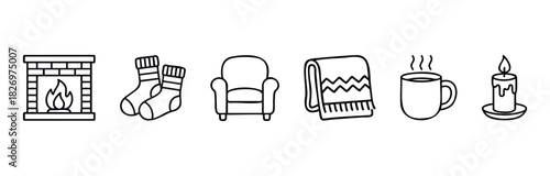 Cozy winter icons including a fireplace, socks, armchair, blanket, mug, and candle for warmth and comfort.