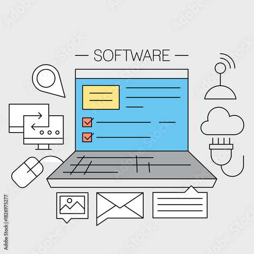 "Software vector icon set featuring tools, system elements, and clean digital symbols."