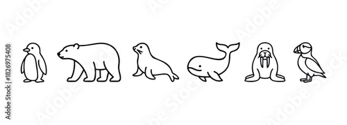 A charming set of polar animals including a penguin, polar bear, seal, whale, walrus, and puffin, perfect for educational materials and childrens books