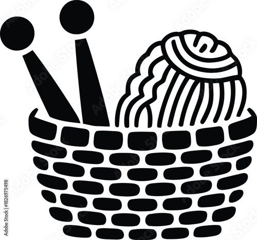 Knitting basket with yarn and needles simple black and white illustration