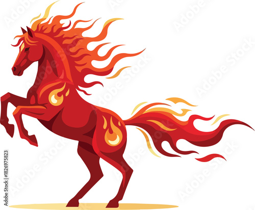 A fiery red horse with flames emanating from its mane tail and body rearing up