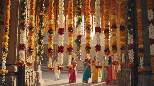 Indian Wedding Ceremony Entrance Adorned with Vibrant Marigold and Rose Garlands in Soft Golden Light Creates a Festive and Spiritual Atmosphere