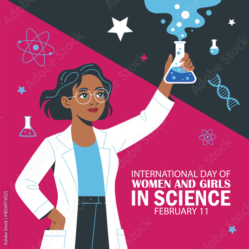 International Day of Women and Girls in Science. Science icon set. Illustration of young scientist woman. vector illustration.
