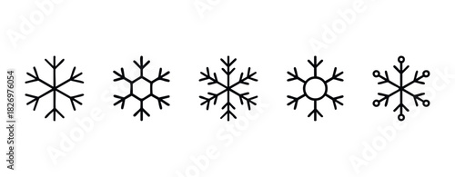 Collection of five unique snowflake icons representing winter weather and cold season, perfect for graphic design projects related to holidays and frozen themes