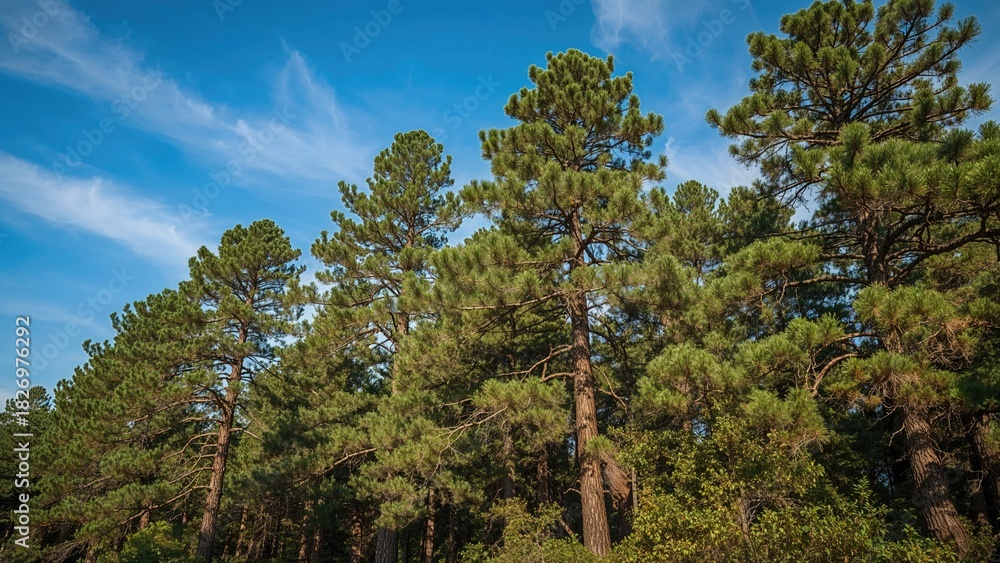 Fototapeta premium Lush green pine trees under blue sky with clouds. Nature scene with a forest of tall trees and vibrant foliage.