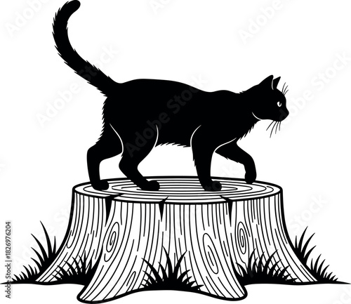 Black Cat Standing on Tree Stump in Nature, Bold Line Art Illustration with Grass, Wilderness Theme, High Contrast Style